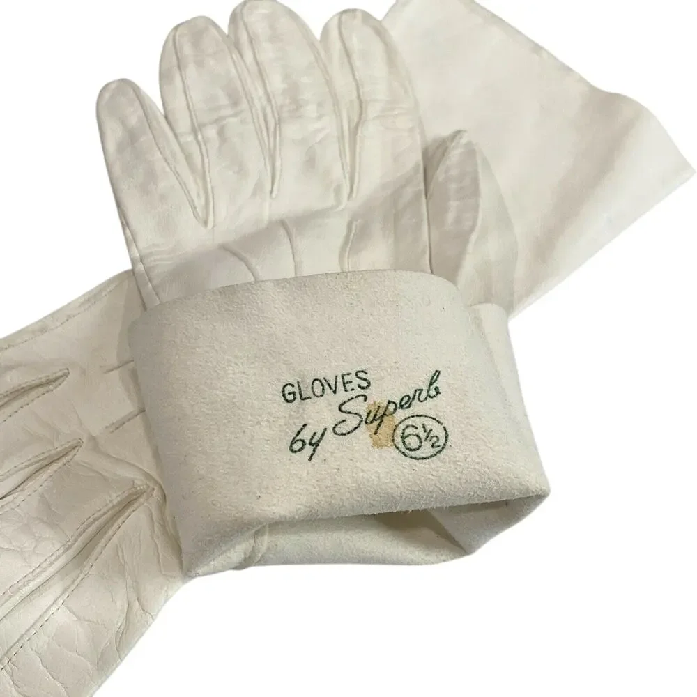 Vintage white kidskin leather dressy formal gloves ladies wedding prom event 6.5